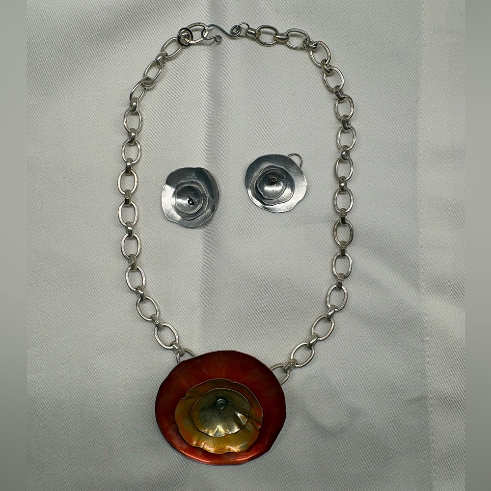 Red Orange Poppy Flower Necklace & Earrings Set Silver Tone 16” Pendant